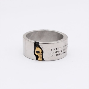 Vintage gothic men's stainless steel ring featuring golden skull and engraved text