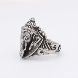 Vintage stainless steel Ganesha elephant ring with ornate ethnic engravings and antique finish