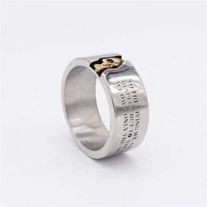 Retro stainless steel wide ring with golden skull relief and engraved English motto