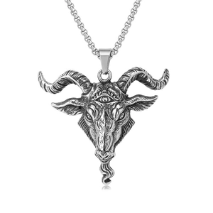 Detailed retro silver goat head pendant with Baphomet engraving on box chain