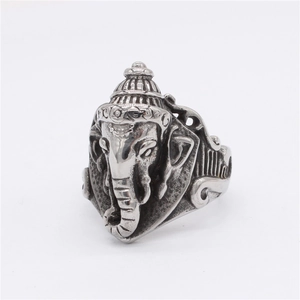Vintage stainless steel Ganesha elephant ring with antique silver finish for men