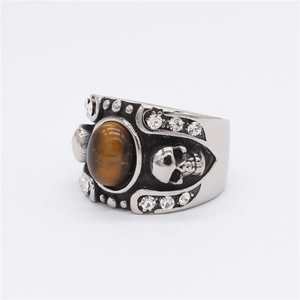 Vintage skull ring for men with brown tiger eye stone and crystal accents in stainless steel