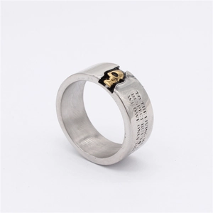 Retro stainless steel men's signet ring with golden skull relief and engraved quote