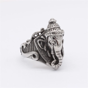 Retro Thai Ganesha elephant ring in stainless steel with vintage silver finish