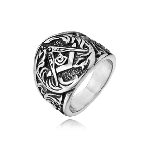 Vintage Men's Titanium Steel Masonic Ring Freemasonry Compass Square G Symbol Embossed Distressed Punk Biker Ring Jewelry Gift