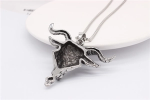 Detailed view of gothic ram skull pendant with textured horns and vintage steel finish