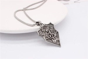 Detail view of retro silver shield pendant with embossed dragon motif on steel box chain