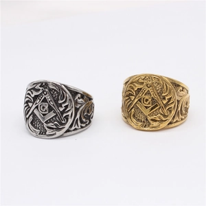 Vintage Freemason titanium steel rings in gold and silver with square and compass emblem