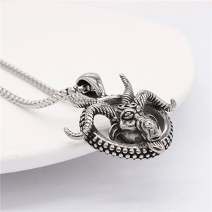 Retro gothic ram head necklace with pentagram symbol in antique silver finish steel