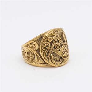 Vintage gold Freemasonry ring for men featuring masonic compass square and G symbol