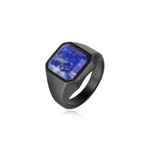 Detailed close-up of square cut blue lapis lazuli stone set in black matte steel ring