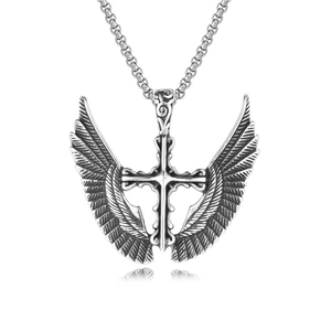 Close-up of vintage silver fallen angel cross pendant with gothic wings and box chain