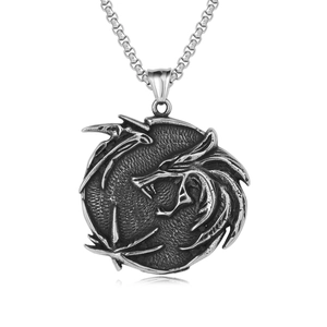 Vintage Stainless Steel Witcher Wolf Medallion Pendant For Men Gothic Punk Mythical Dragon Relief Jewelry Distressed Silver