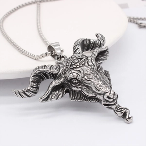 Retro punk ram head baphomet pendant necklace in antique silver stainless steel
