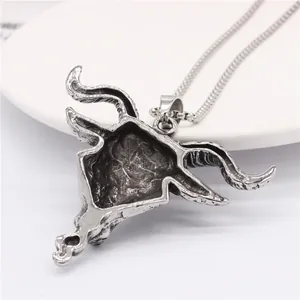 Vintage silver ram skull pendant necklace with oxidized steel finish and sturdy cross chain