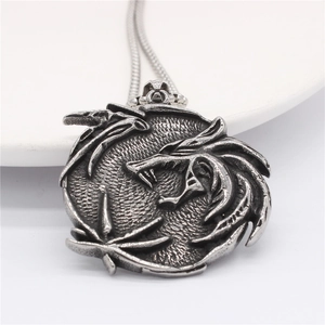 Retro stainless steel dragon wolf pendant necklace with detailed circular engraving design