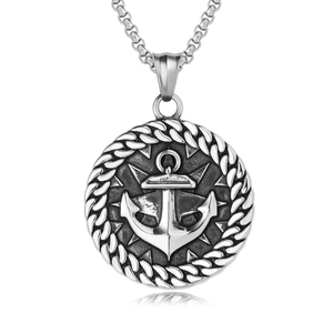 Collier Pendentif Ancre et Boussole en Acier Inoxydable Vintage pour Hommes Bijoux Médaillon Rond Nautique Rétro