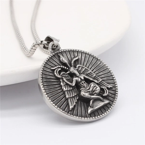 Vintage oxidized stainless steel Baphomet necklace with relief wings and round pendant