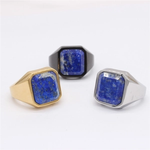 Men's titanium steel square signet rings with blue lapis lazuli in gold black silver
