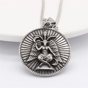 Retro silver Baphomet goat head pendant necklace with wings in vintage steel finish