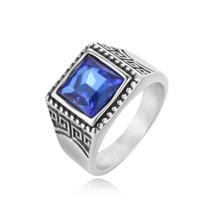 Vintage Men Stainless Steel Ring Square Rhinestone Greek Meander Engraved Band Personalized Street Style Fashion Jewelry