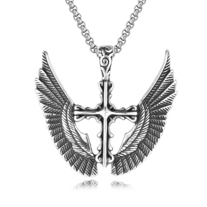 Gothic Retro Fallen Angel Wings Cross Pendant For Men Women Stainless Steel Punk Religious Jewelry Gift Antique Silver