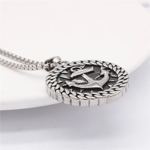 Collier pendentif ancre et boussole rétro pour homme en acier inoxydable argenté