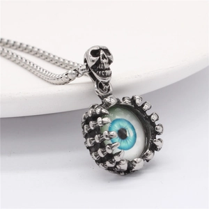 Gothic punk skull pendant with blue evil eye and eagle claw on steel chain necklace