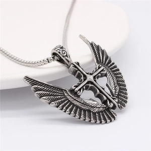 Gothic fallen angel wings with cross pendant on bead chain in vintage stainless steel