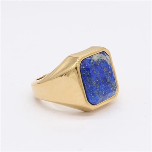 Men's titanium steel gold ring with a rectangular lapis lazuli gemstone in starry blue