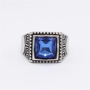 Vintage steel signet ring for men featuring a large blue square gemstone and Greek key pattern
