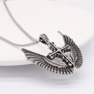 Vintage gothic fallen angel wing cross pendant necklace in retro oxidized stainless steel finish