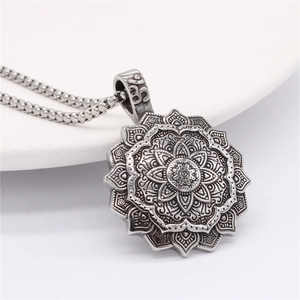 Vintage stainless steel mandala pendant necklace with Om symbol and bead chain