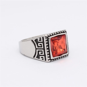 Vintage silver steel ring for men featuring a large square red stone and Greek key patterns
