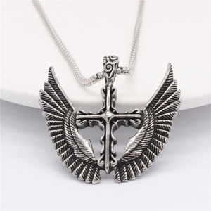 Vintage gothic fallen angel cross necklace with wings on a steel snake chain
