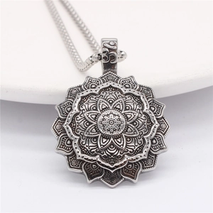 Vintage silver lotus mandala pendant necklace in stainless steel with intricate engraving