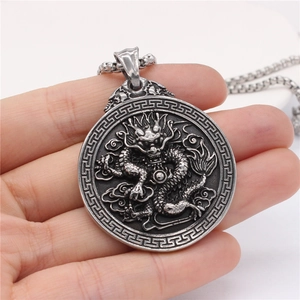Vintage silver dragon relief pendant necklace with stainless steel square box chain