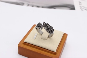 Macro shot of retro stainless steel wing ring with vintage feather texture detailing