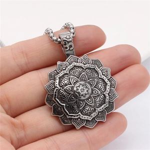 Vintage stainless steel lotus mandala pendant with Om symbol on a ball chain necklace