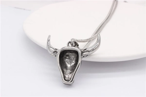 Detail of silver bull skull pendant with vintage texture on a white ceramic plate