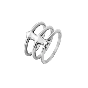 Macro detail of silver triple-layered stainless steel ring with hollow geometric structure