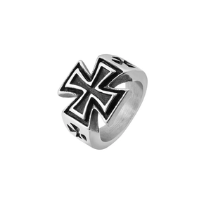 Close-up of retro silver stainless steel ring with black Maltese cross engraving