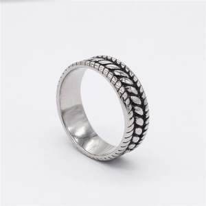 Retro vintage striped silver titanium steel ring with braided texture for men