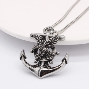 Vintage punk eagle and anchor pendant necklace for men in silver polished stainless steel