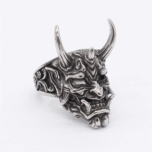Vintage silver Hannya mask titanium steel ring with intricate horn and fang details