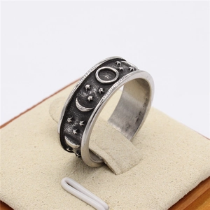 Retro stainless steel star and moon engraved ring in antique silver finish