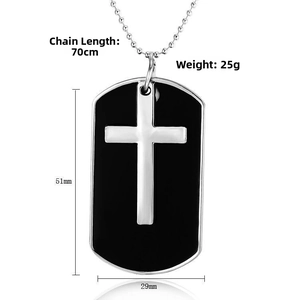 Detail of cross military tag necklace with size labels, 70cm ball chain, and 25g weight