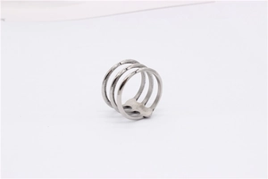 Detailed view of silver triple-layered stainless steel ring with minimalist stacked design