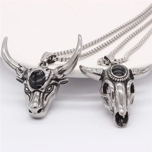 Retro bull head and skull necklaces in vintage silver finish with black gemstones