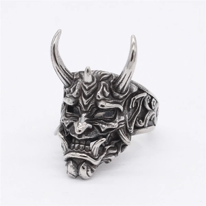 Retro Japanese Hannya demon skull ring in vintage silver stainless steel for men